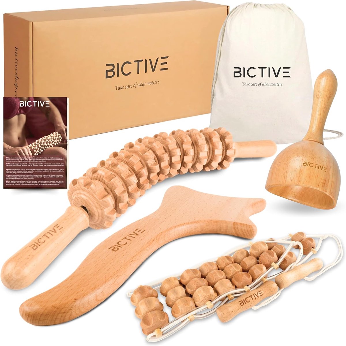 SnelShoppen - 4-in-1 Wood Therapy Kit - Anticellulite Massager, Lymphatic Drainage, Houten Massager, Maderotherapie, Inclusief Robuuste Tas, 48x20 cm