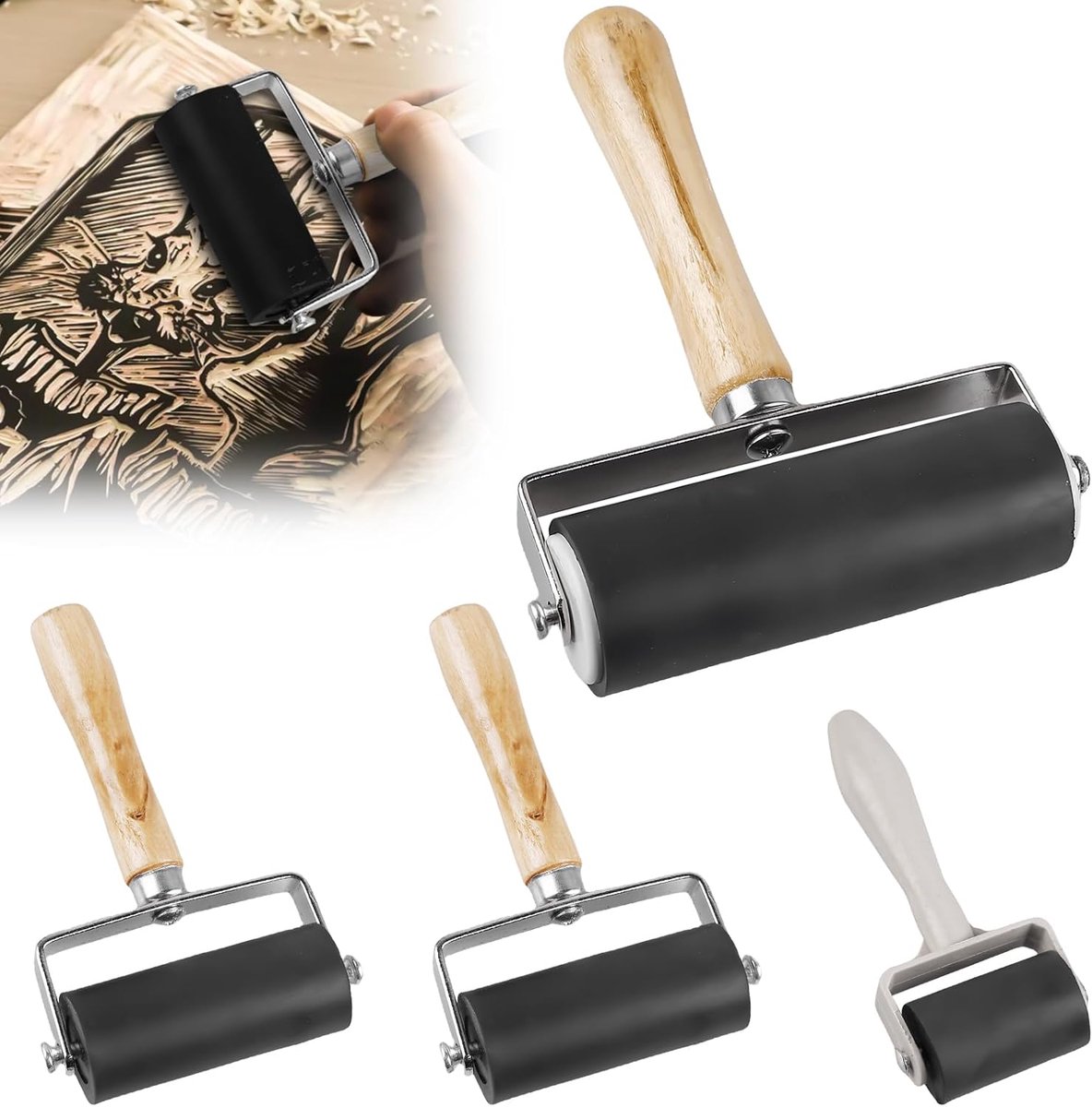 Thijox - Rubberen Roller Set 4 Stuks - 3,5 cm, 6 cm en 11 cm Aandrukrol - Rubber Brayerroller voor Linodruk, Printen, Behang en Kunsthandwerk