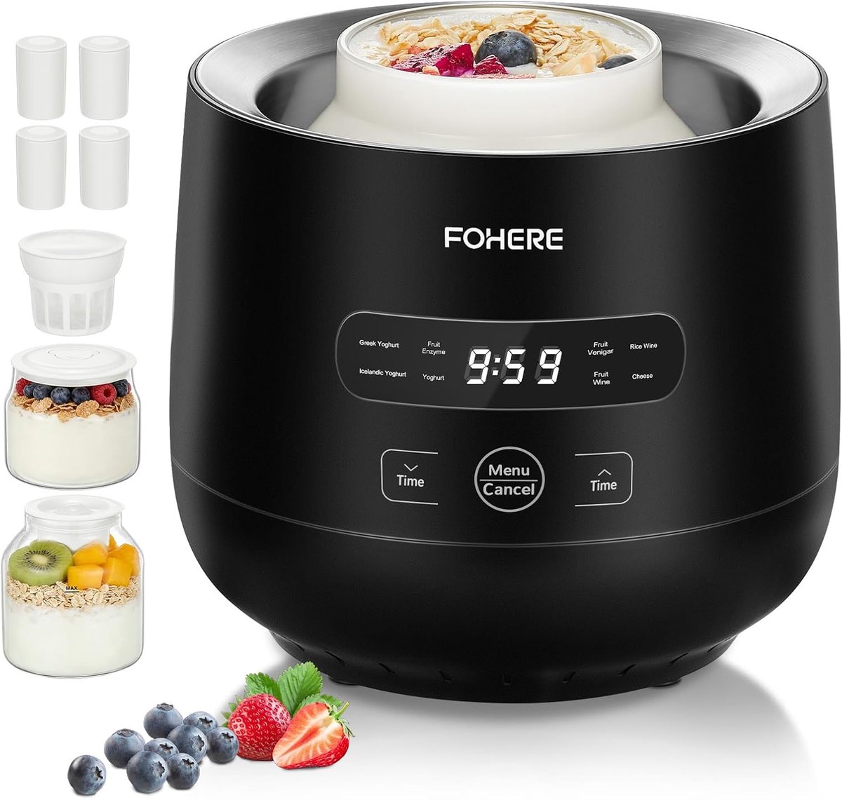 Thijox - Yoghurtmaker met 2 XXL Glazen Containers 2000ml en 1400ml, 4 Keramische Portiebekers 125ml, 8 Vooringestelde Programma's voor Griekse Yoghurt