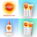 Collage met Vision zonnebrandproducten: spray, crème en "Sensitive Expert". Tekst "Probeer nu ook!".