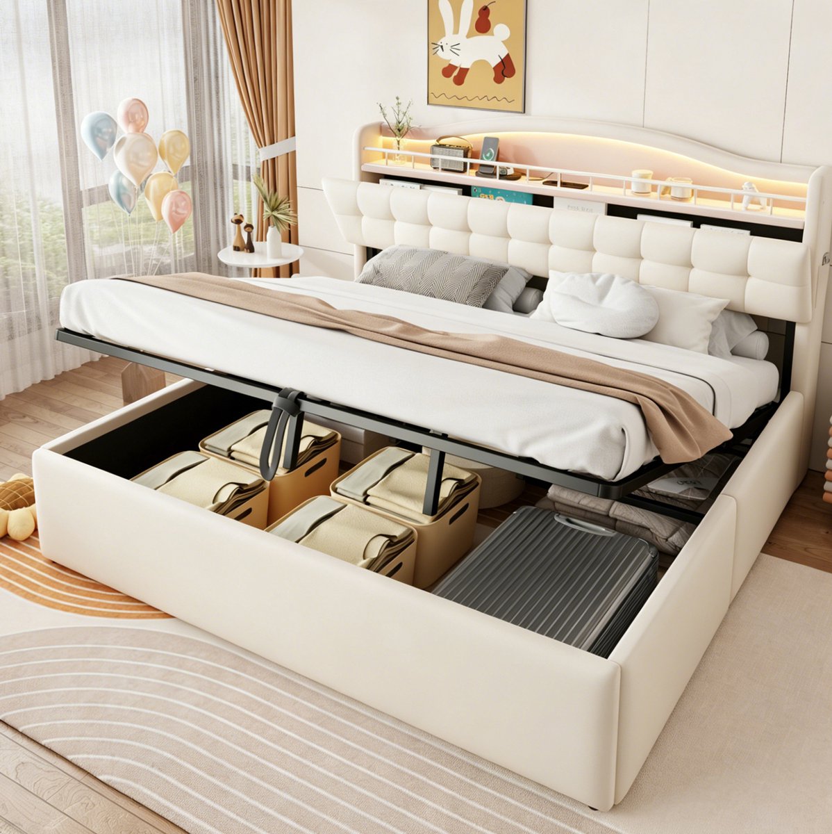 OKWISH Gestoffeerd Bed 180x200 cm - Met Hydraulische Opbergruimte en Led Hoofdbord - USB en USB-C - Tweepersoons Zonder Matras - Beige