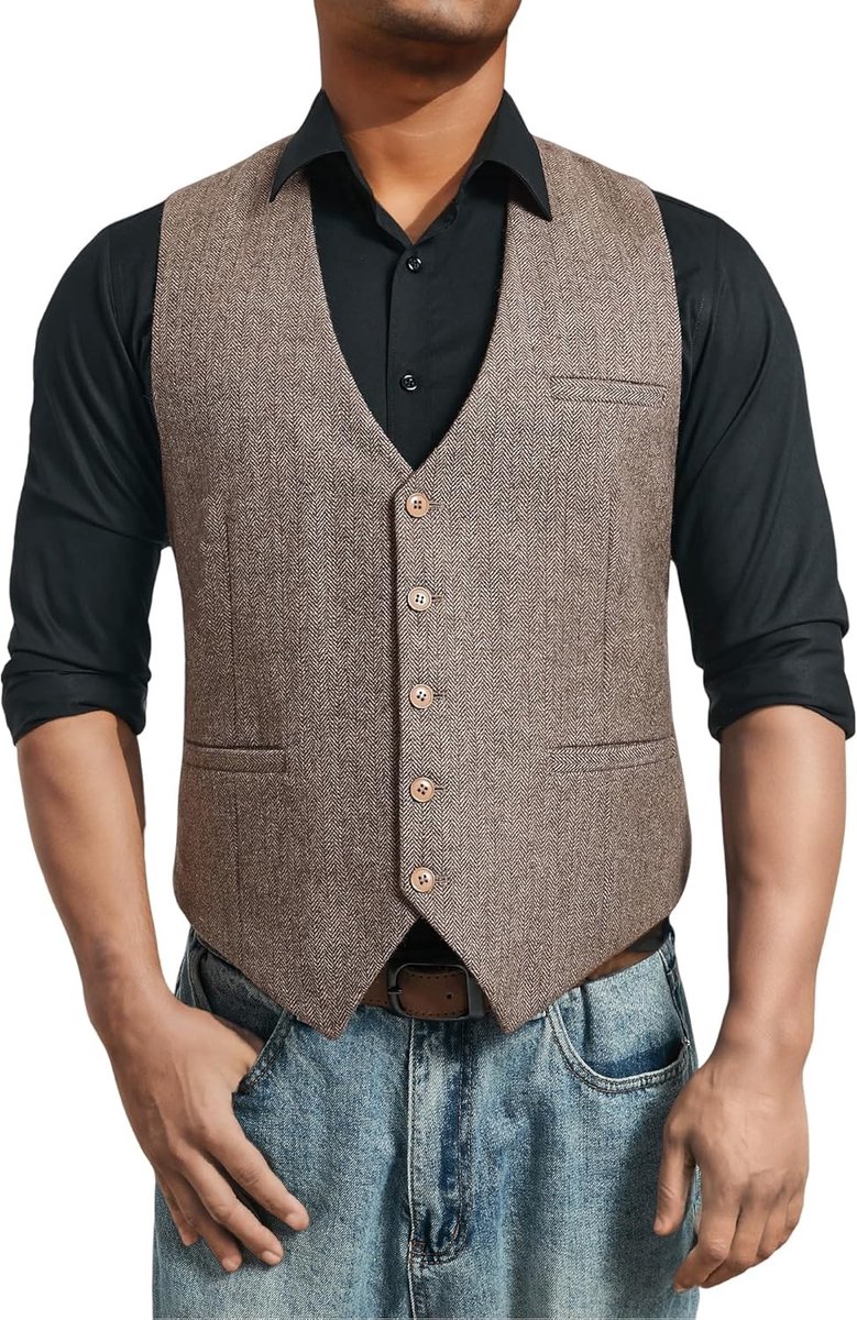 Haringbone Tweed Vest voor Mannen van Wol, Geschikt voor Formele en Casual Gelegenheden, V-hals, Een Maat, Bruin