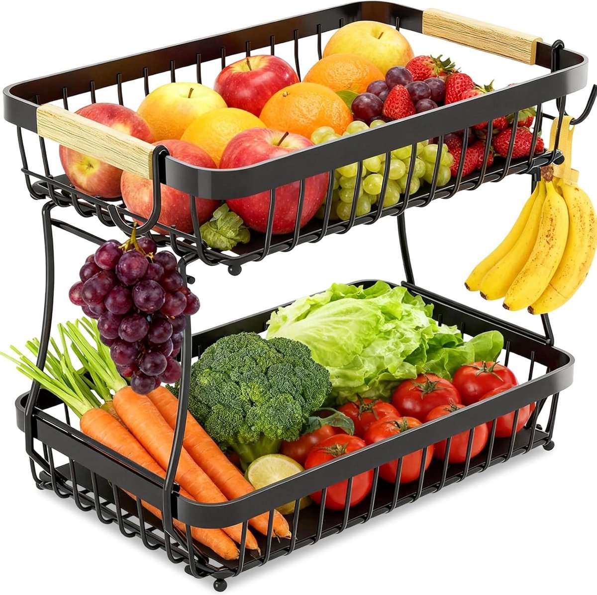 Moderne fruitmand met 2 niveaus en haken, ideaal voor keukenopslag en organisatie van fruit en brood