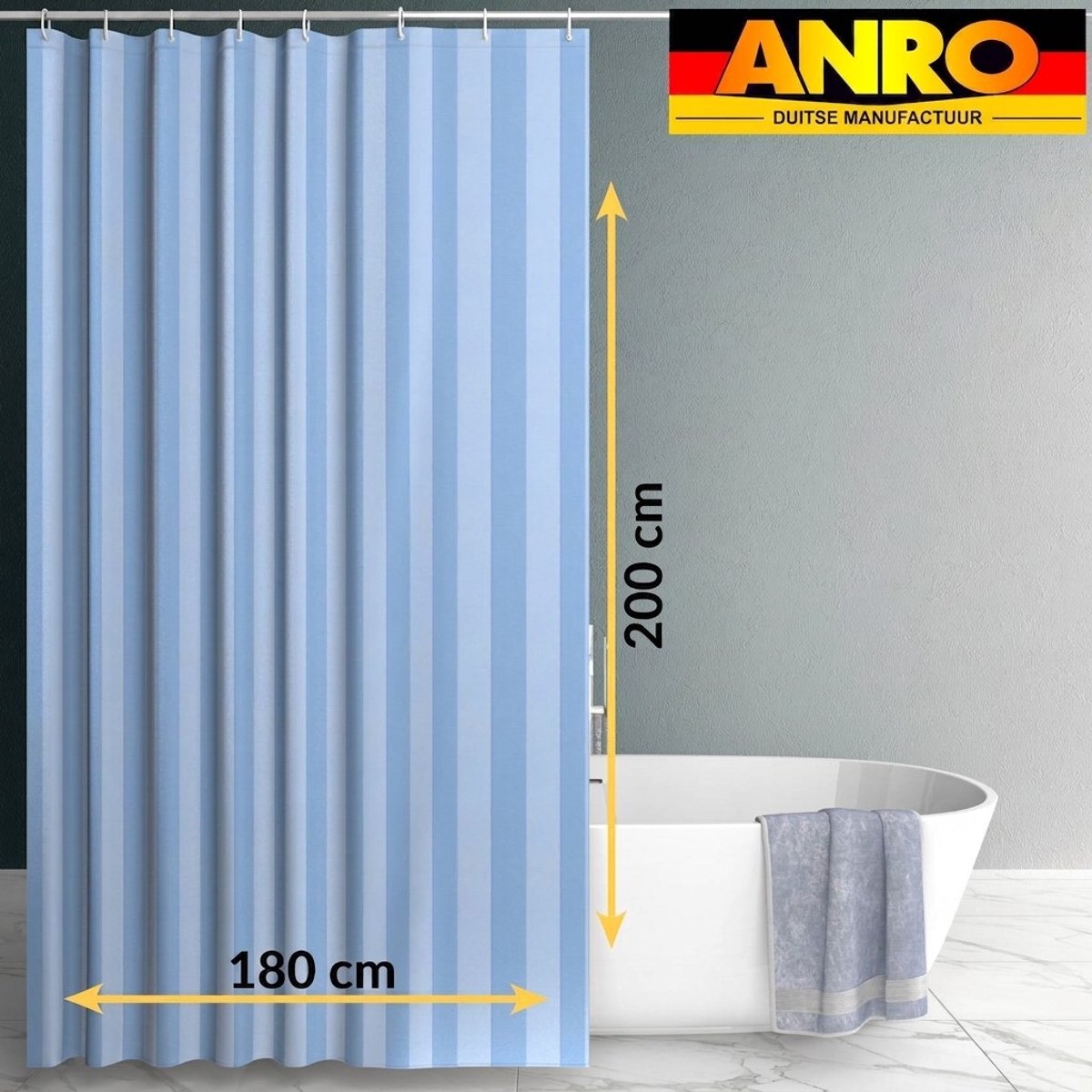 ANRO Douchegordijn Effen Blauw 180x200cm Wasbaar Met Ringen Waterafstotend Badgordijn