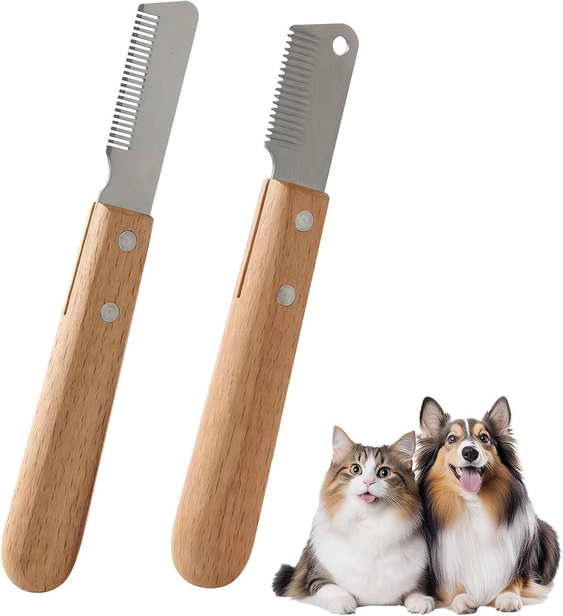 Set van 2 Trimmessen voor Honden, Rvs Trimmer met Houten Handvat, Dierverzorging Kam voor Honden, Katten en Konijnen