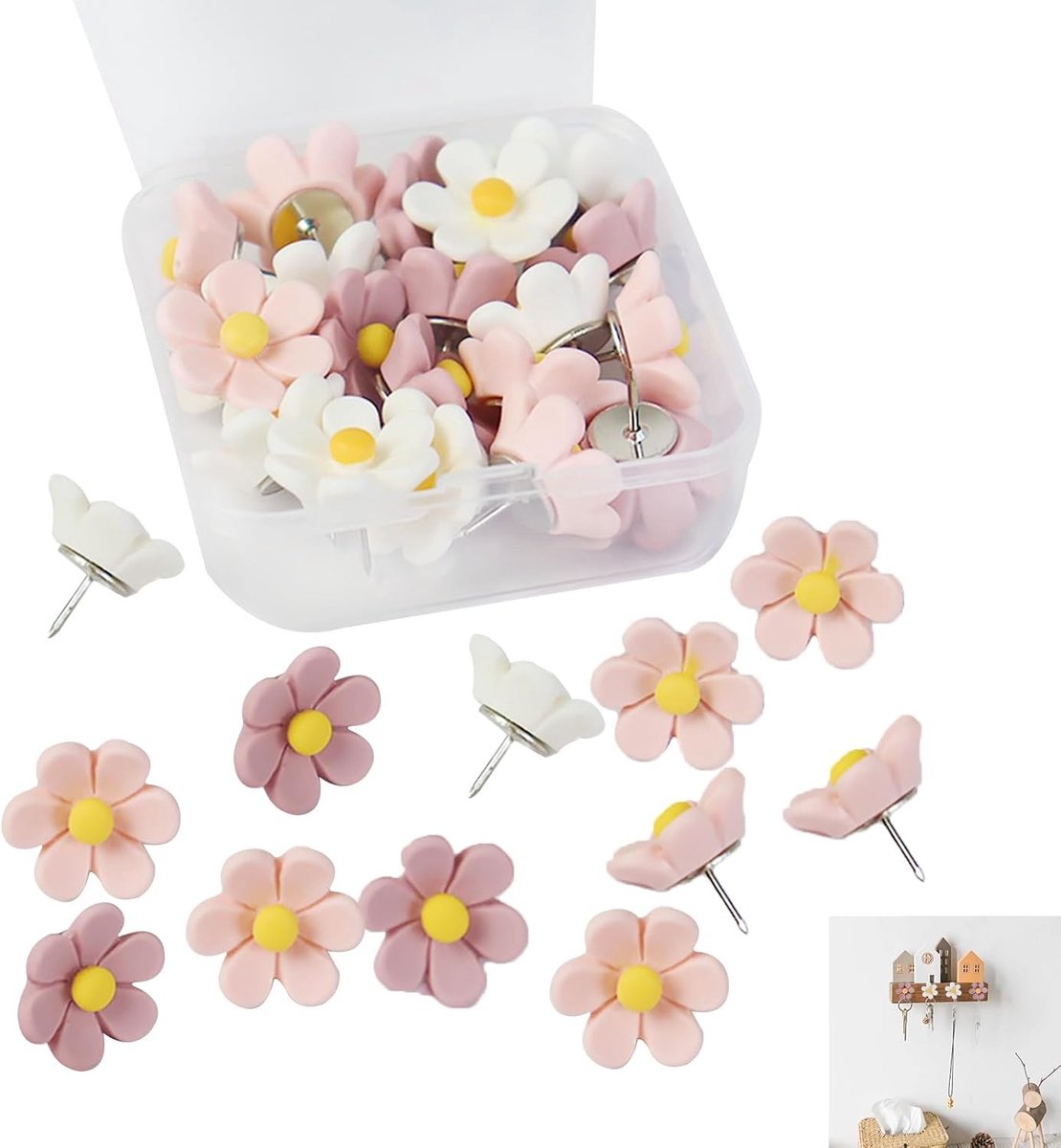 Kleurige bloemenvormige punaise set van 30 stuks voor decoratie in kantoor en huis