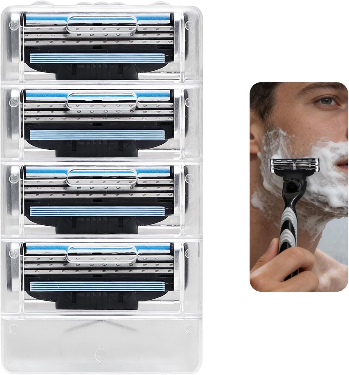 Vervangende Scheermesjes voor Mannen - 4-Pack met 3-Laags Systeem en Glijstrip, Geschikt voor Standaard 3-Blade Handvatten, Ideaal voor Reizen en Dagelijks Gebruik