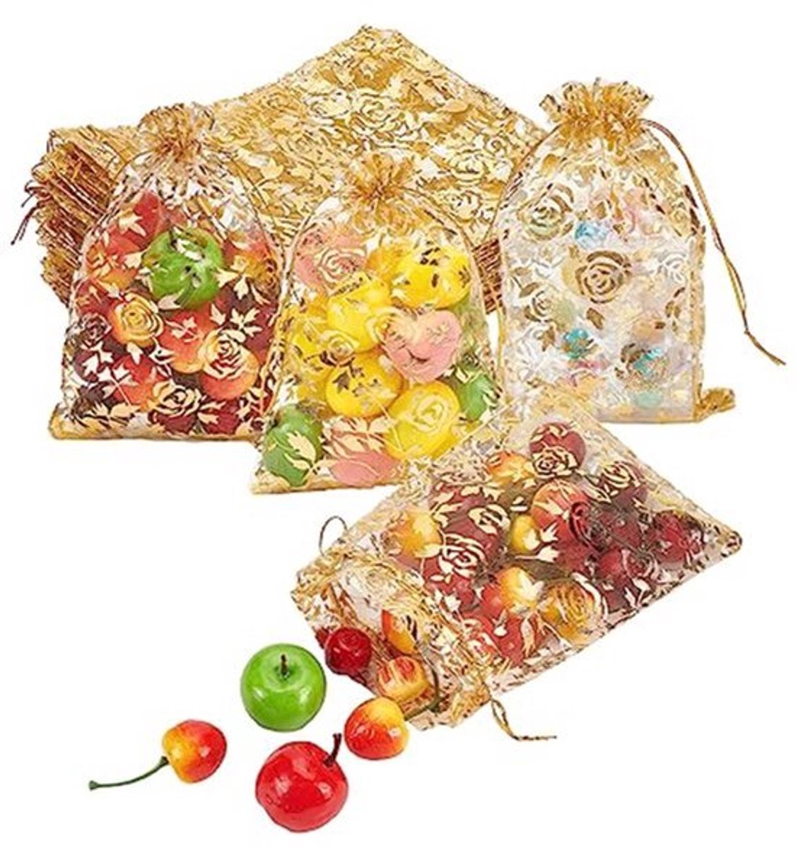 50pcs Gouden Rozen Organza Tassen - 18x13cm, Bloemenprint, Met Trekkoorden