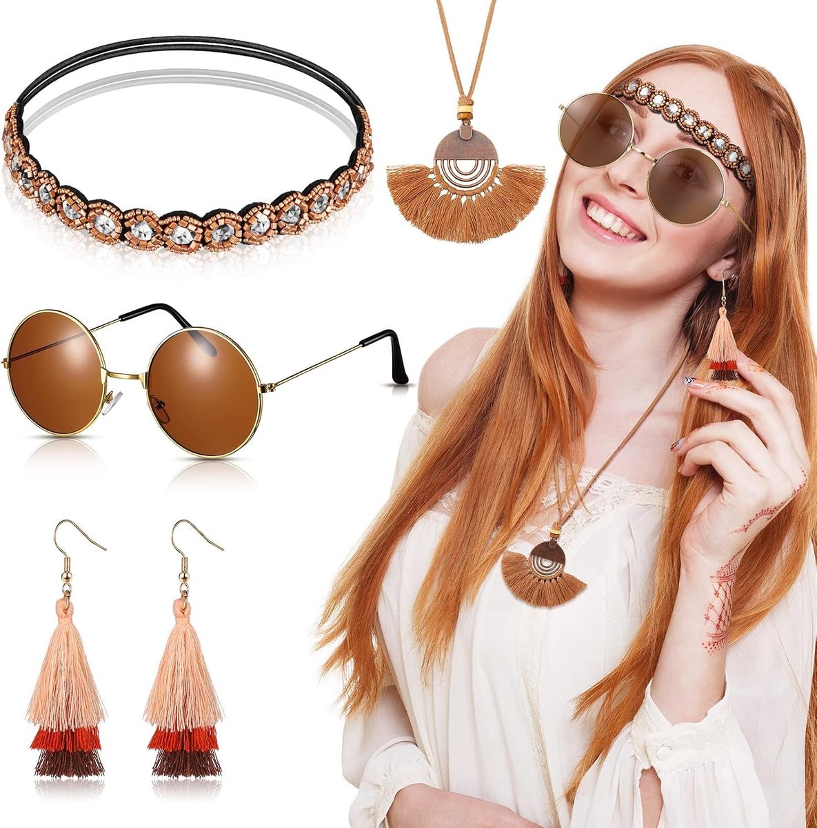 Vrouwelijk hippie kostuum 4-delig set met bohemian hoofdband, vintage zonnebril en franjes oorbellen voor carnaval en themafeesten