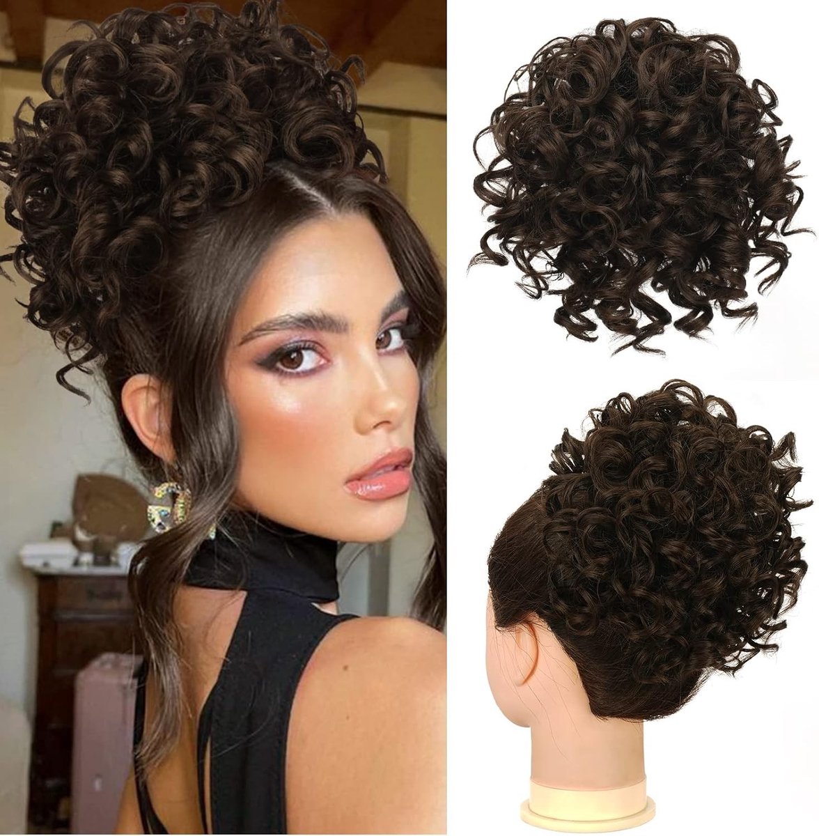 Messy Bun Korte Krullende Ponytail Extension met Elastische Trekkoord voor Vrouwen - Updo Haarstuk (80g, Donkerbruin)