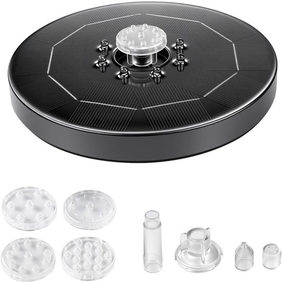Dailygoods- Zonnefontein 3W - Drijvende Waterpomp - 8 Sproeiers - Maximaal Debiet 200 l/u - LED Verlichting - Batterijcapaciteit 1500 mAh - Vijverpomp