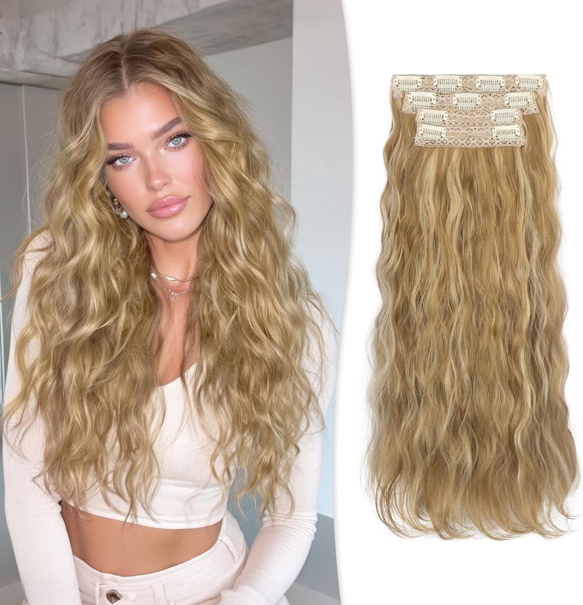 Lange Golvende Clip in Haarextensions van 45 cm - 4 Stuks Krullend Synthetisch Haar voor Vrouwen in Goudblond met Highlights