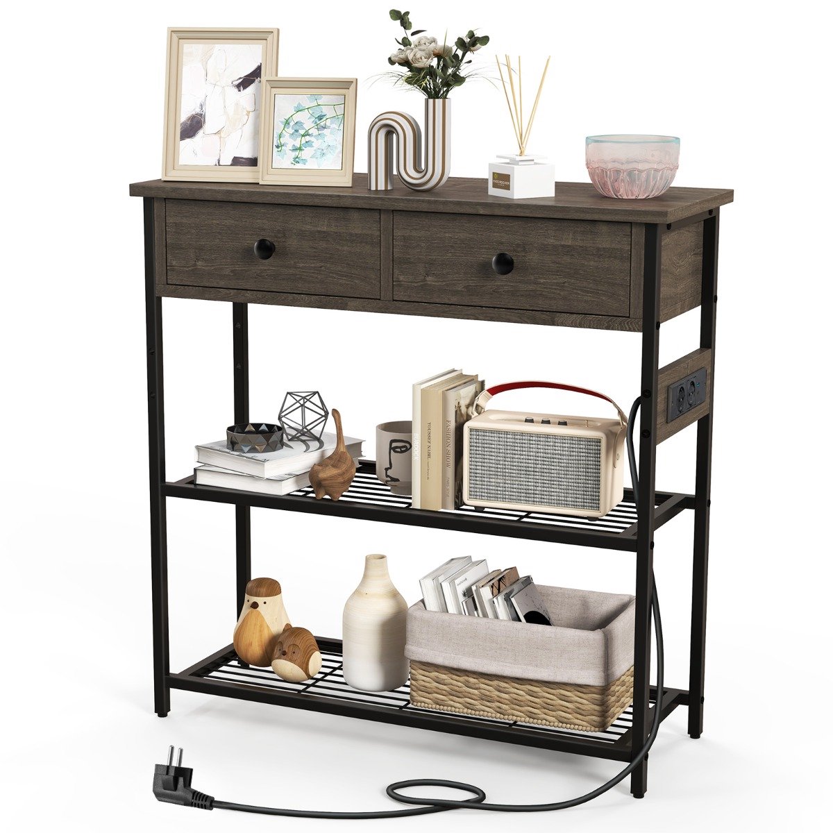 SureDeal® - Consoletafel - Laadstation Haltafel - Laden - Metalen Roosterplanken - Stopcontacten Bijzettafel Vintage - 81x30x81 cm - Grijs