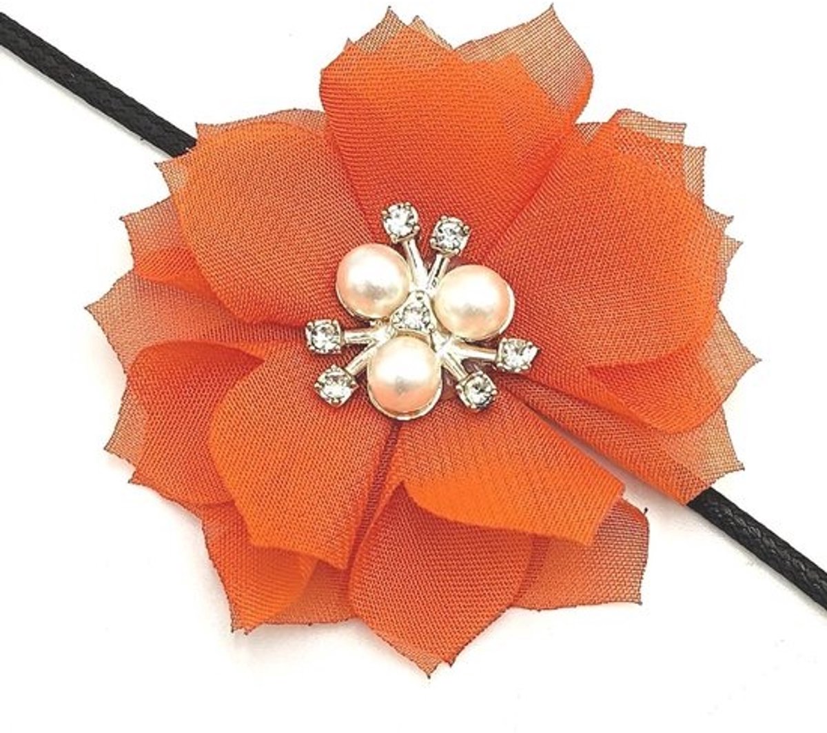Stoffen Bloem Versieringen - Stof Bloemen Strass - DIY Knutselen - Met Strass en Parels - 6 cm Diameter - Oranje