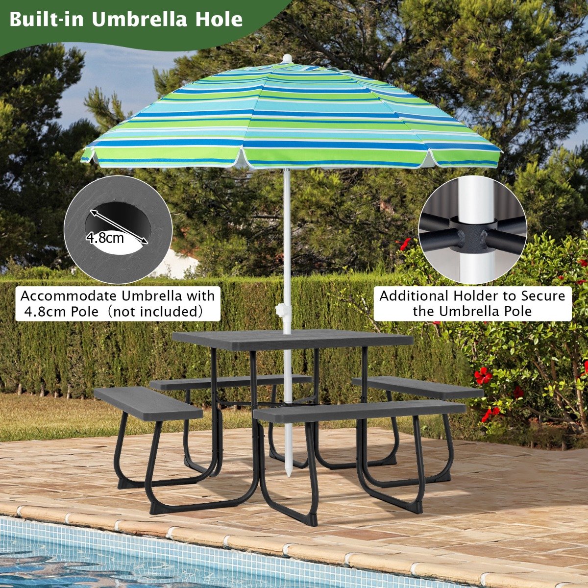 SureDeal® - Tuinmeubel - Picknicktafel - Ingebouwde Banken Tuinset - Gat - Parasol - Zwembadtuin - 170x170x76 cm - Zwart