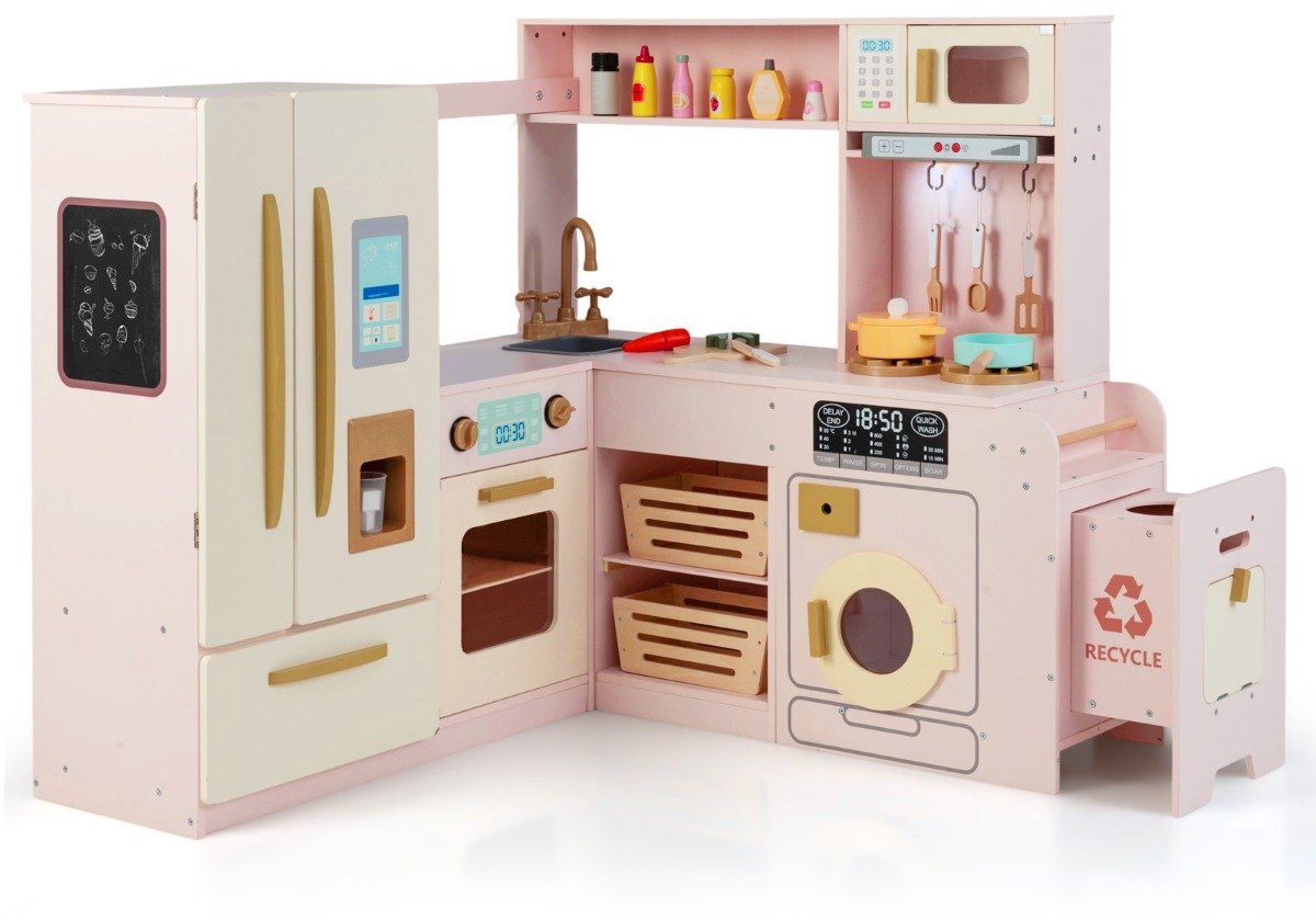 SureDeal® - Rollenspell - Hoekkeuken - Lichtjes - Geluidseffecten Houten Speelgoedkeukenset - Kinderen vanaf Jaar - 102x100x94 cm - Roze