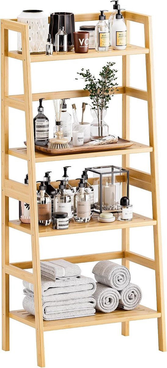Ladderplank van bamboe, 4-laags boekenplank en badkameropbergorganizer, staande plantenstandaard voor woonkamer, keuken, slaapkamer en kantoor, natuurlijk design en multifunctioneel