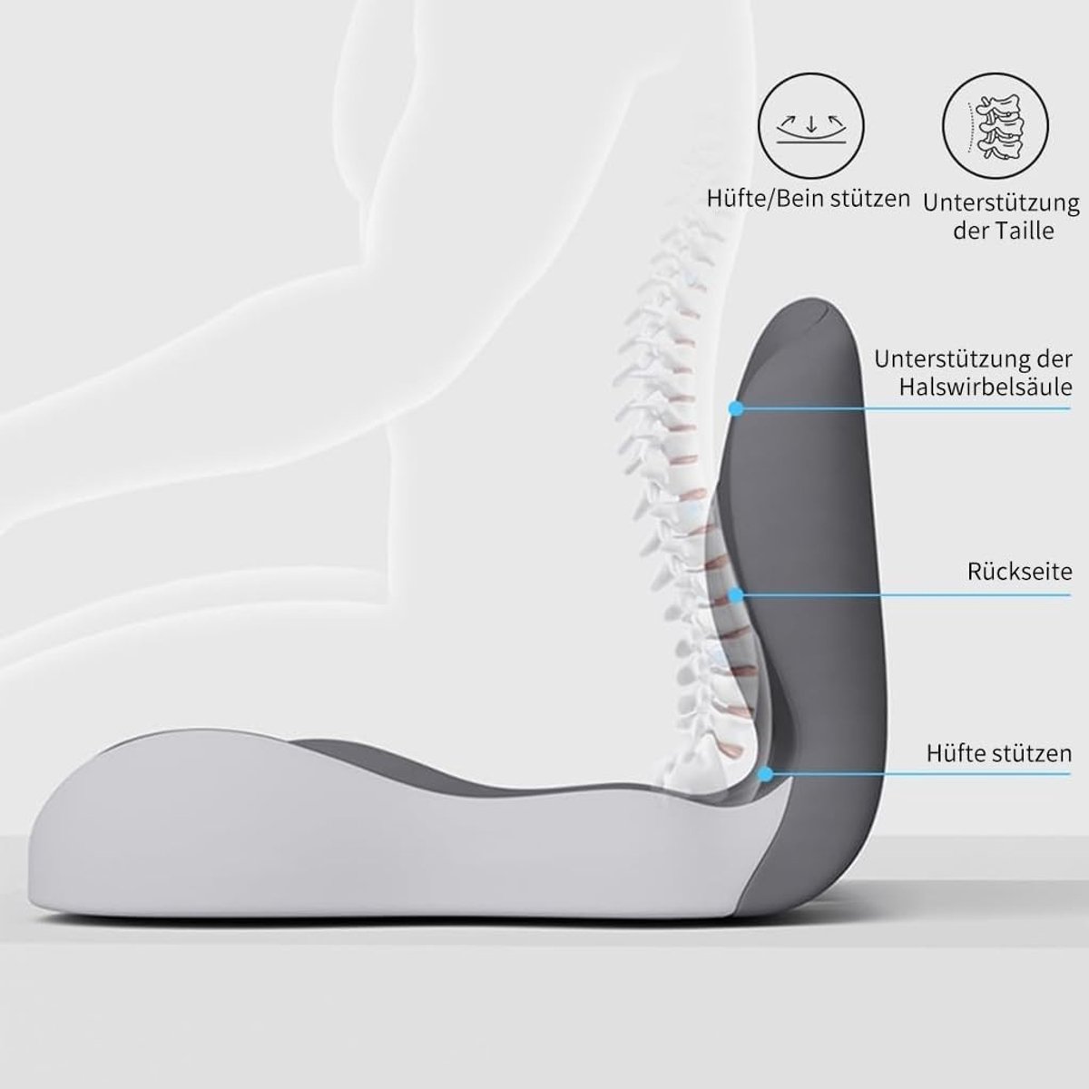 Ergonomisch Zitkussen met Rugleuning en Zijsteun voor Kantoor en Auto, Comfortabel Coccyx Kussen in Dubbel Grijs, Ideaal voor Langdurig Zitten
