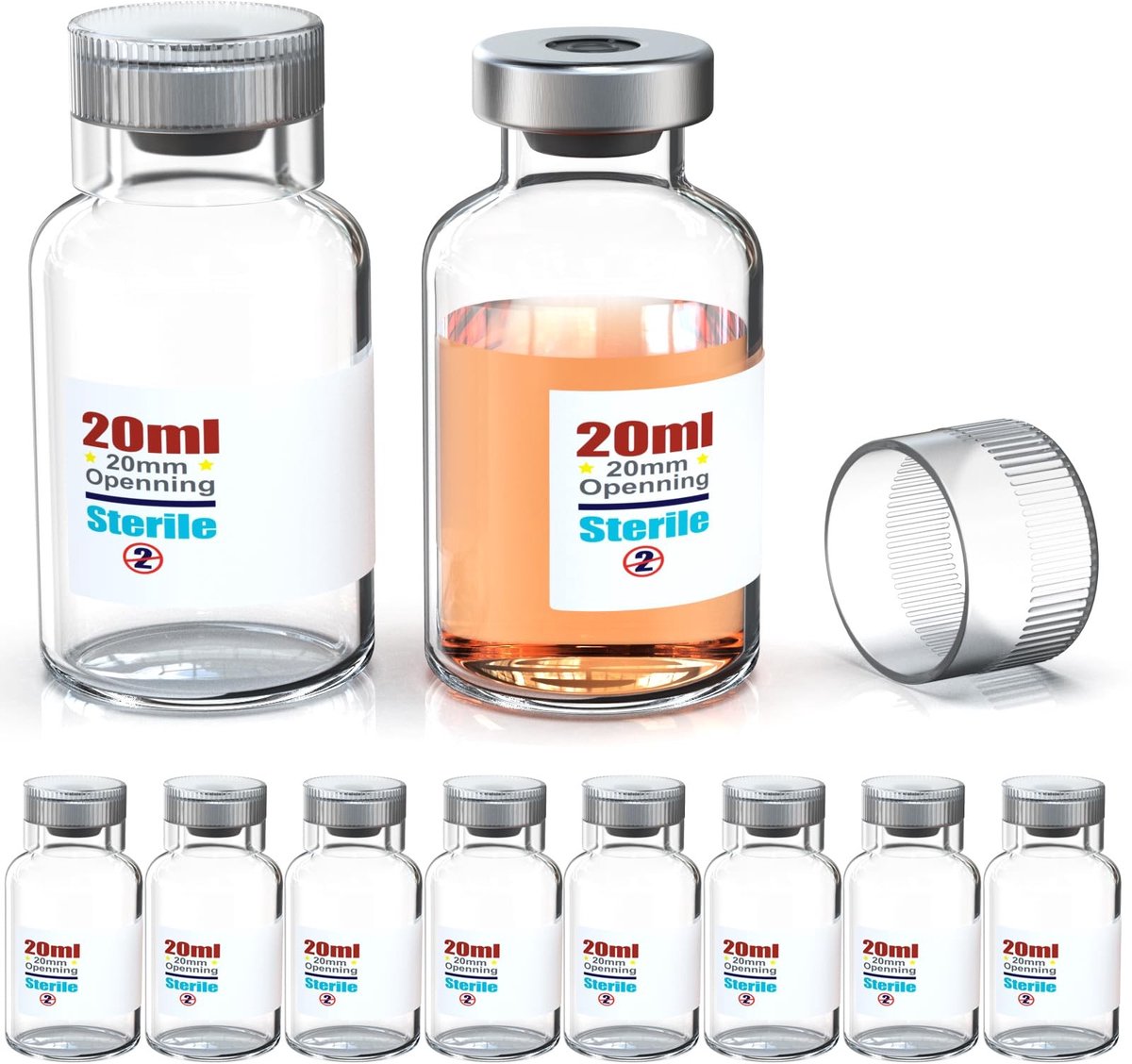 Steriele Glazen Vials - 20ml met Herbruikbare Plastic Doppen (10 Stuks)