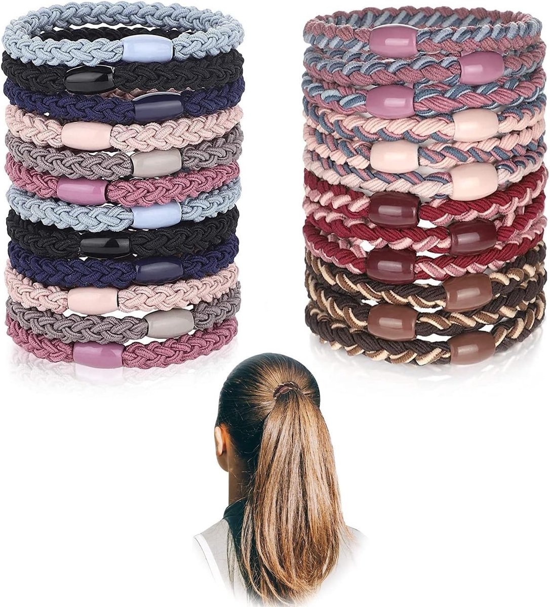 24 Stuks Elastische Gevlochten Haargummis - Dikke Katoenen Haaraccessoires voor Krullend Haar, Ideaal voor Ponytails en Haarstijlen