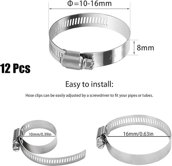 Verstelbare Slangklemmen Set van 12 Stuks, RVS 304, Roestvrij, Voor Beveiliging van Slangen en Buizen, 10-16mm — afbeelding 5