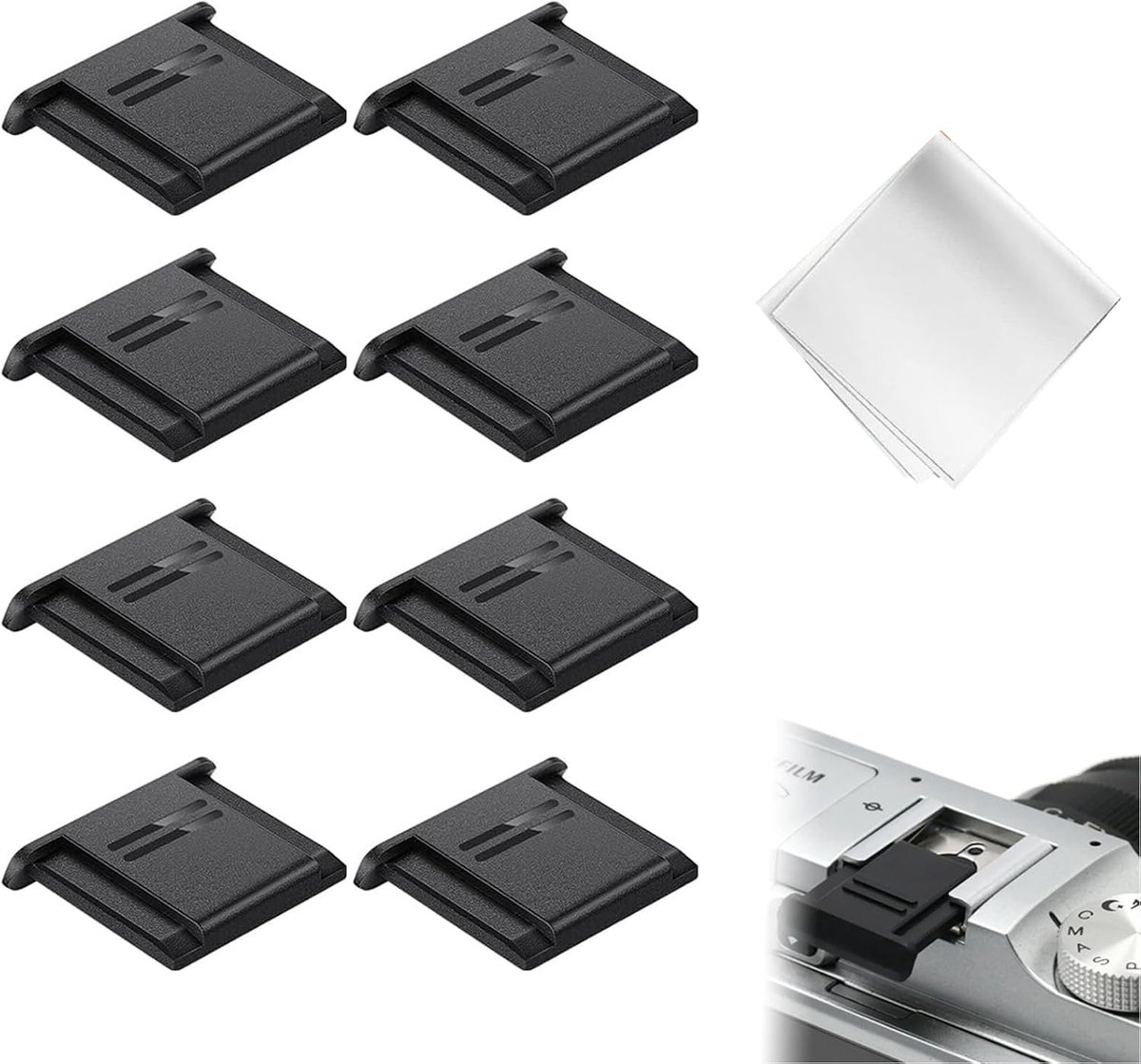Kunststof klauwafdekking 8 stuks – ISO-standaard camerabescherming tegen stof, krassen en beschadigingen. Inclusief reinigingsdoek 6 x 6 cm.
