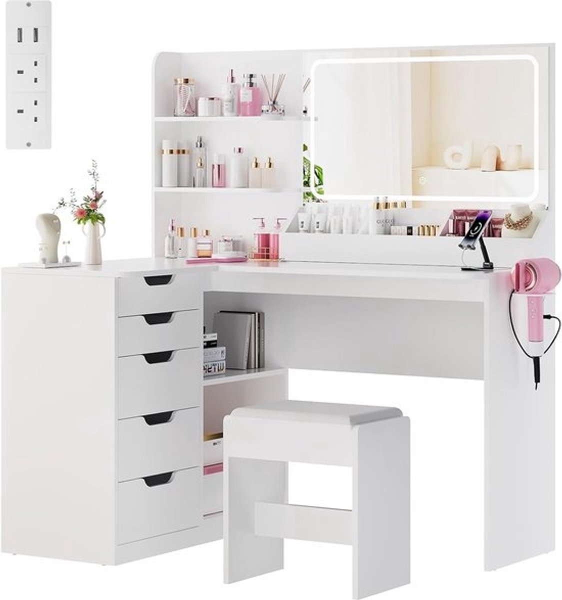 Make Up Tafel met Spiegel - Kaptafel voor Meisjes - Hollywood Spiegel met Verlichting - Ladeblok