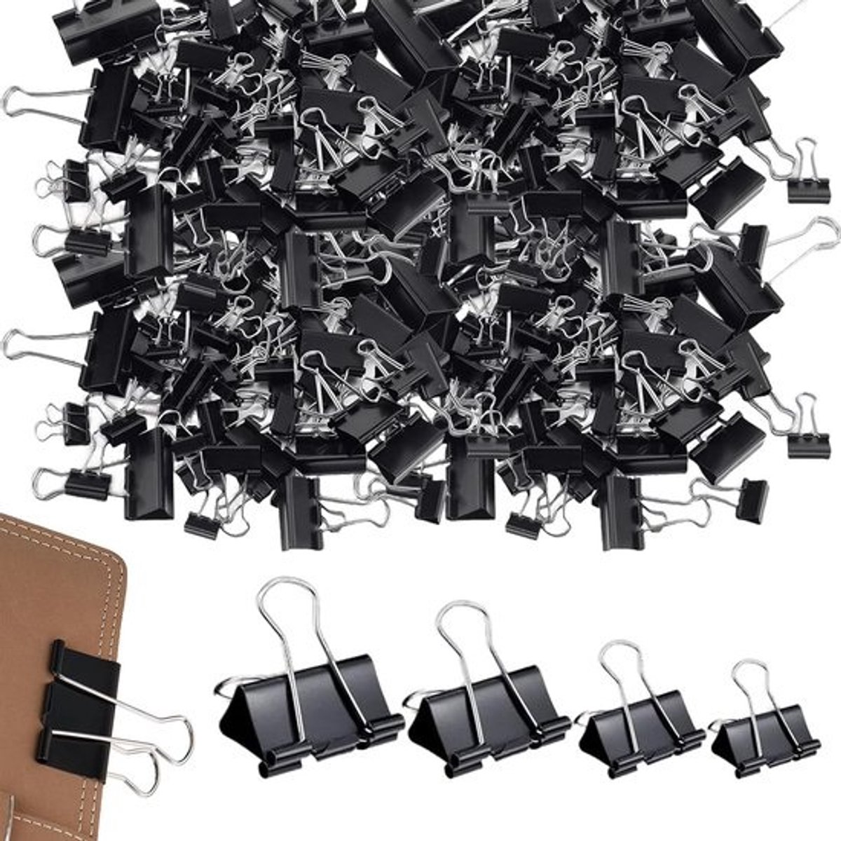 180 stuks Foldback nietjes in vier maten (15, 19, 25, 32 mm) - Multifunctionele bindclips en paperclips voor kantoor en school, metalen klemmen in zwart