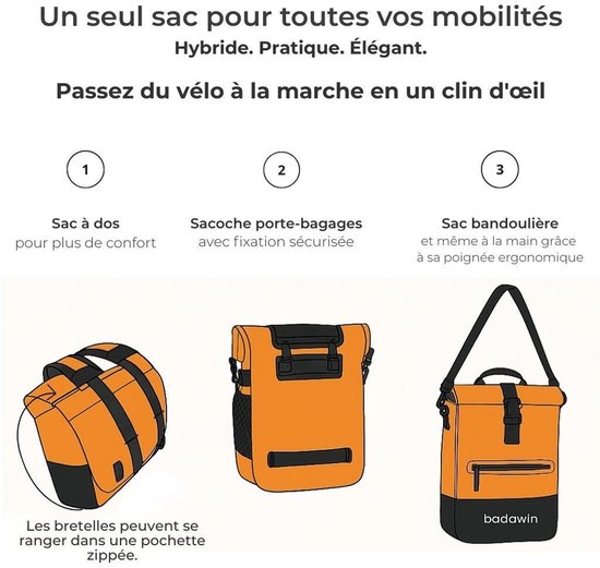 BADAWIN - "Anna" 2-in-1 fietsrugzak Oranje - fietsrugzak waterdicht - fietstas bagagedrager - fietstas met haken - rolltop rugzak waterdicht - laptop fietstas - fietstas rugzak combinatie — afbeelding 4