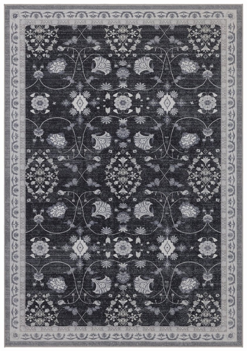 Dutch XXL Vintage Vloerkleed | Tapijt | Inka | Bloemen | Zwart | 140x200 cm