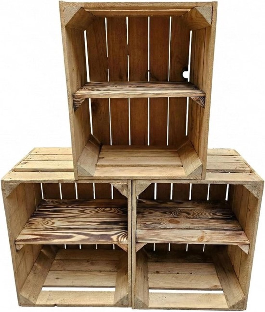 Houten Kisten - Fruitkisten Opslagbakken - Decoratie Opbergen - Gevlamd Rustiek - 50 x 40 x 30 cm - Naturel