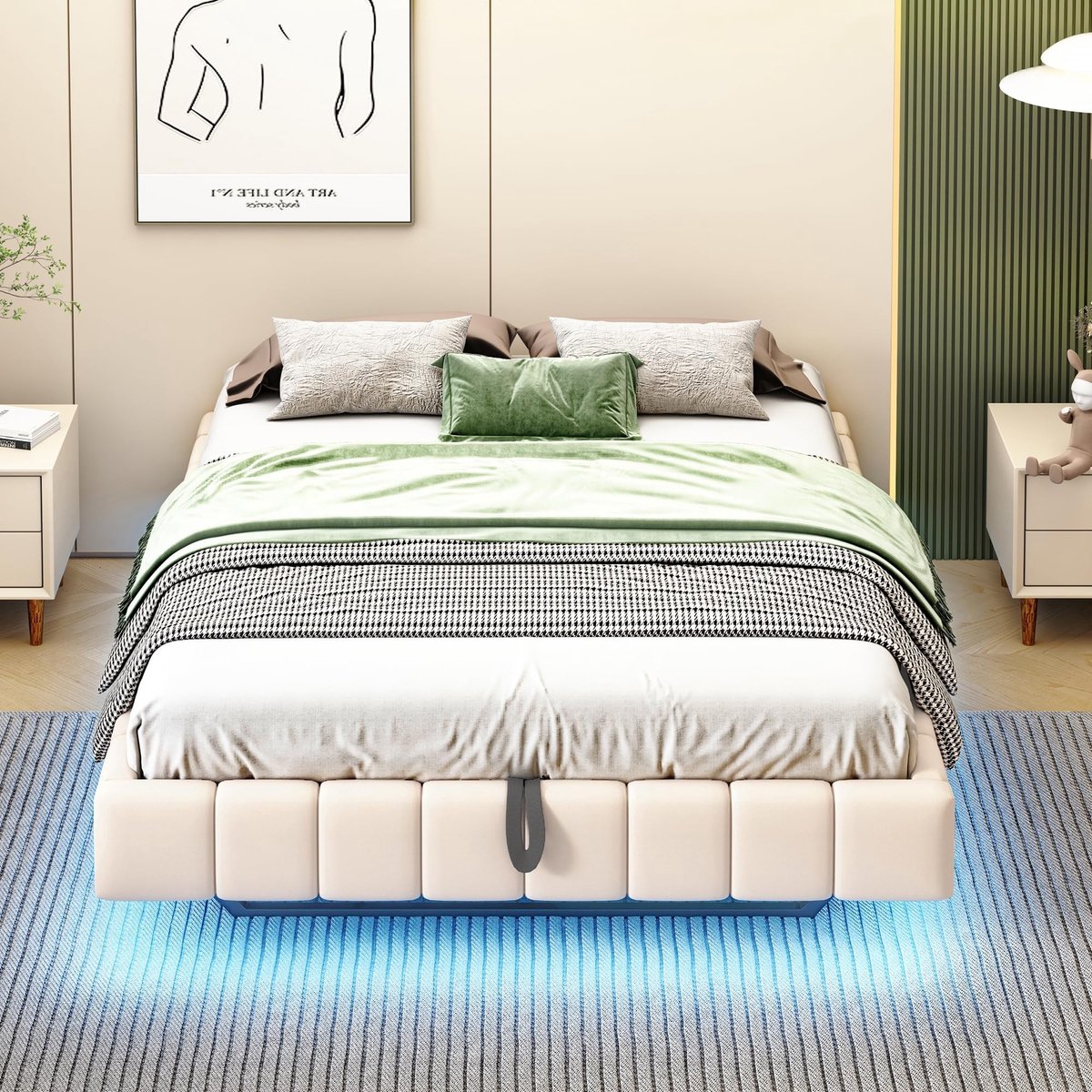 Bed met opbergruimte en LED-verlichting - 140 x 200 cm - Beige