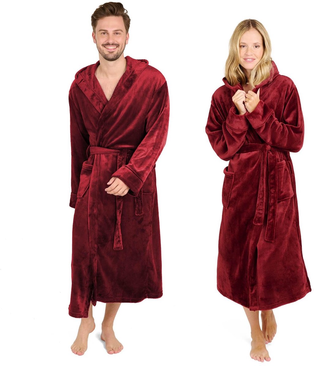 Unisex Badjas - Fleece met Capuchon en Zakken - Donkerrood