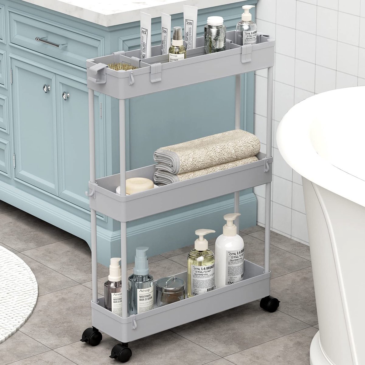 Slim Storage Cart - 3 Laags voor Badkamer en Keuken - Grijs