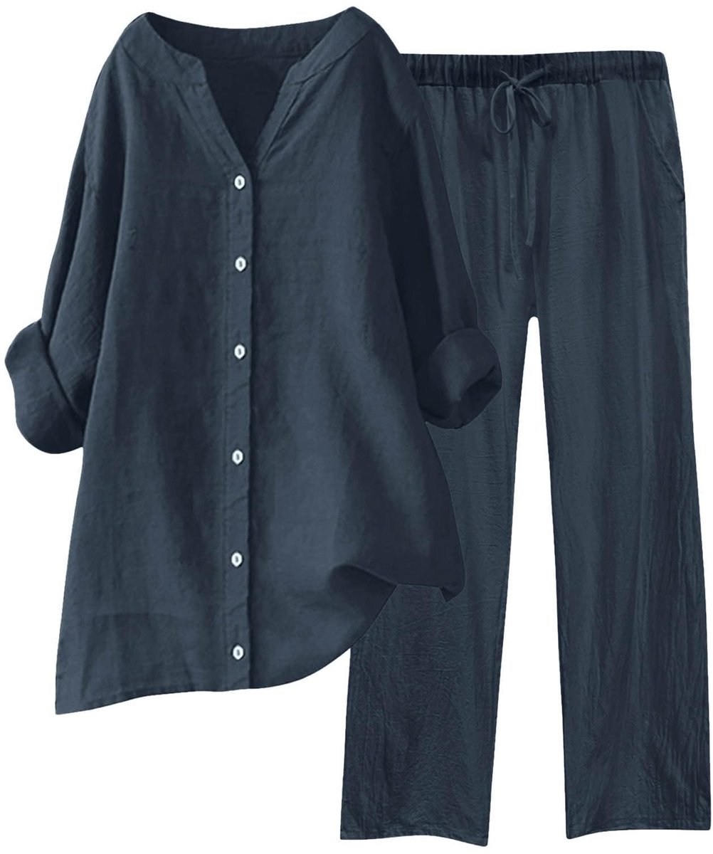 Dames 2-delig Zomer T-shirt en Broek Set - Luchtig Linnen - Marineblauw
