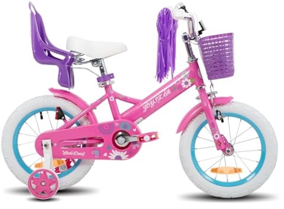 14 Inch Meisjesfiets met Steunwielen en Poppenzitje Paars