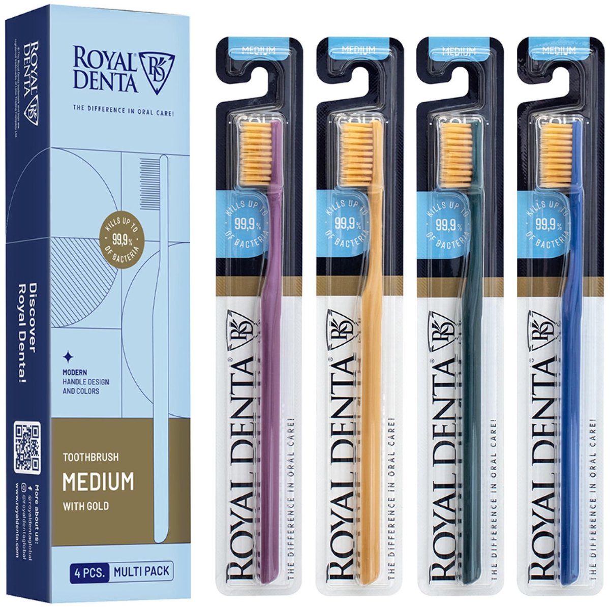 Tandenborstel met gouden deeltjes - Antibacteriële borstelharen - 4-pack