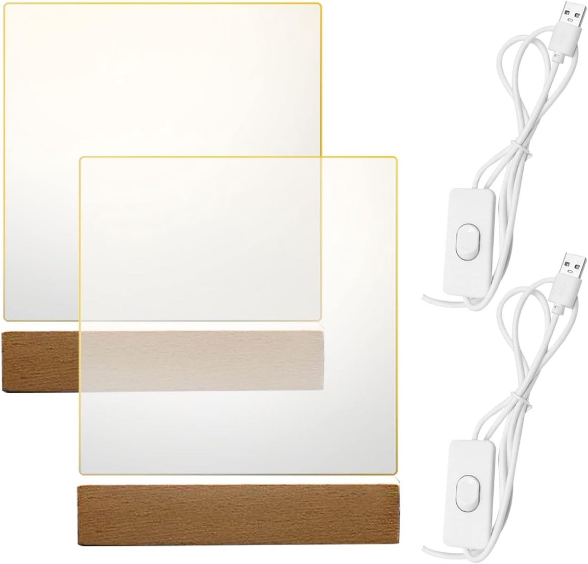 2 Stuks Houten LED Lampenbasis met 2 Acrylaat Platen, Warmgekleurde Verlichte Stand voor Acrylaat en Hars Kunstwerken