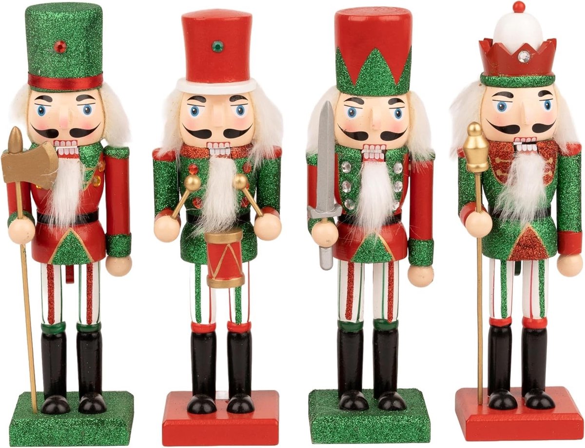 Houten Notenkraker Set van 4 - Soldaat, Koning en Drummer - Rood en Groen