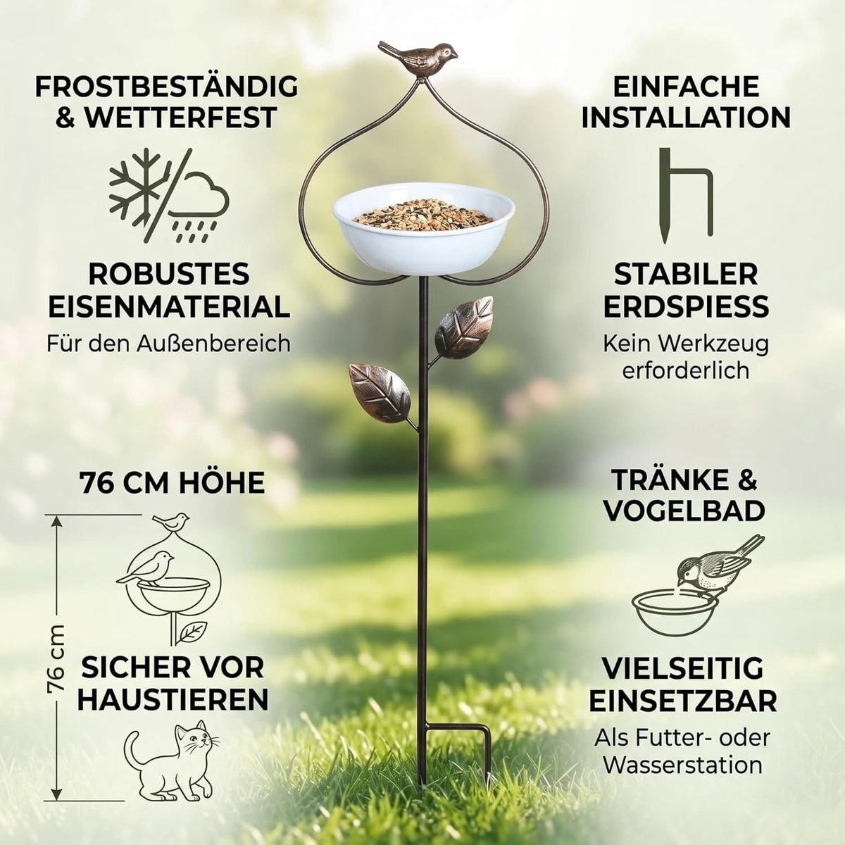 Metalen Vogelbad en Voederstation voor Tuin, Winterbestendig Vogelbad, Drinkbak voor Bijen en Insecten, Tuinaccessoires voor Vogels en Vlinders