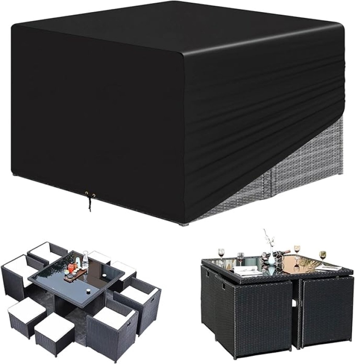 Loungesethoes waterdicht 155x155x71 cm - 420D Oxford stof met PU coating - UV-bestendig - Zwart