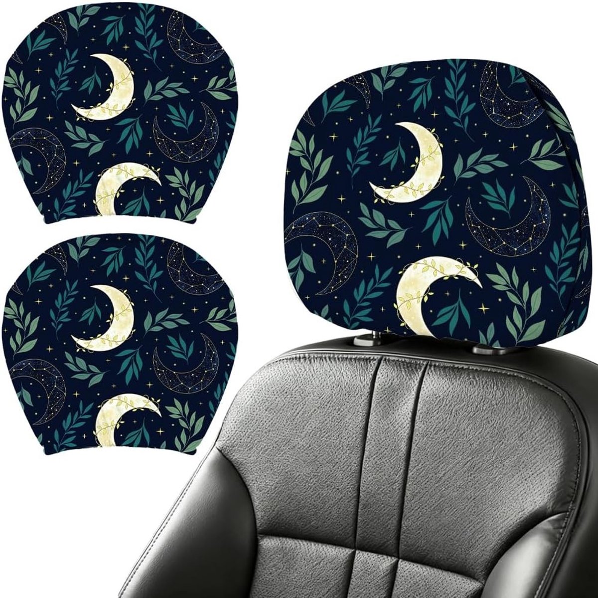 2 Stuks Hoofdsteun Covers met Bladeren, Maan en Sterren - Universele Bescherming, Wasbaar Kussen voor SUV, Limousine en Van Interieur Accessoires
