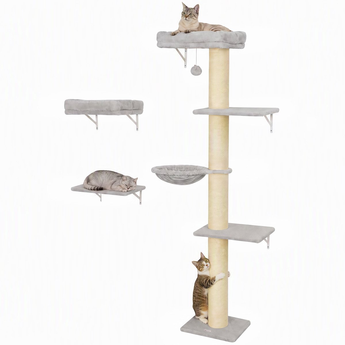 PawHut Kattenplankenset-Spaanplaat, pluche-64L x 29,5B x 178H cm-Lichtgrijs