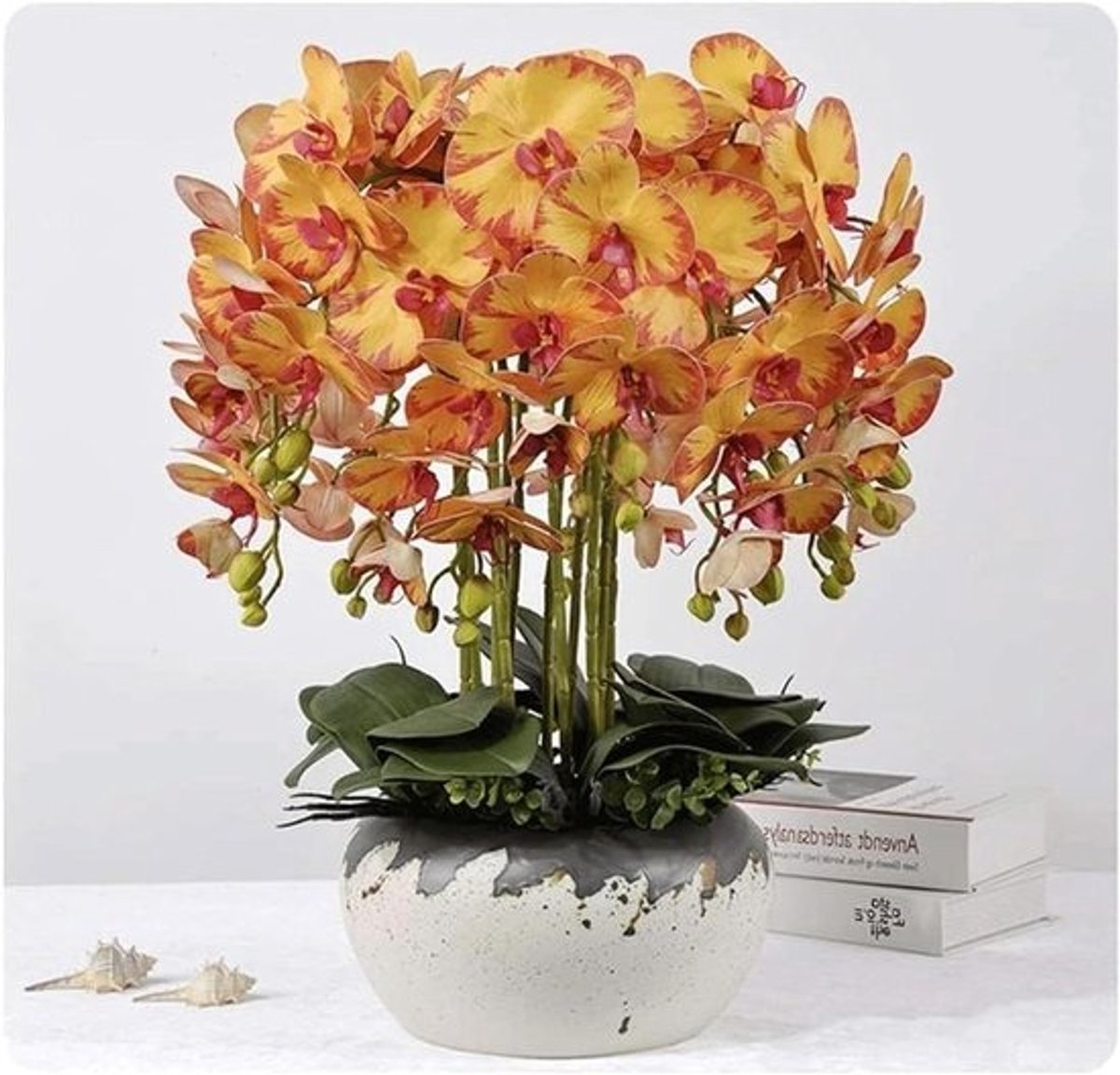 Kunstorchidee met Vaas - Kunstbloemen Phalaenopsis - Huisdecoratie - Handgemaakt door bloemisten - 55 cm Hoog - Oranje