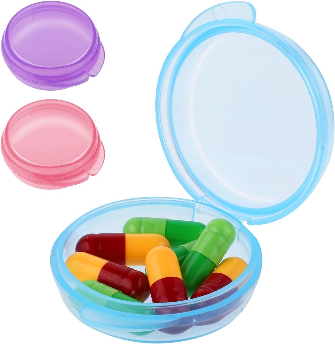 3-pack kleine pillendozen, mini-pillenetui voor dagelijkse medicatie, handige reispillen organizer (roze, paars, blauw)