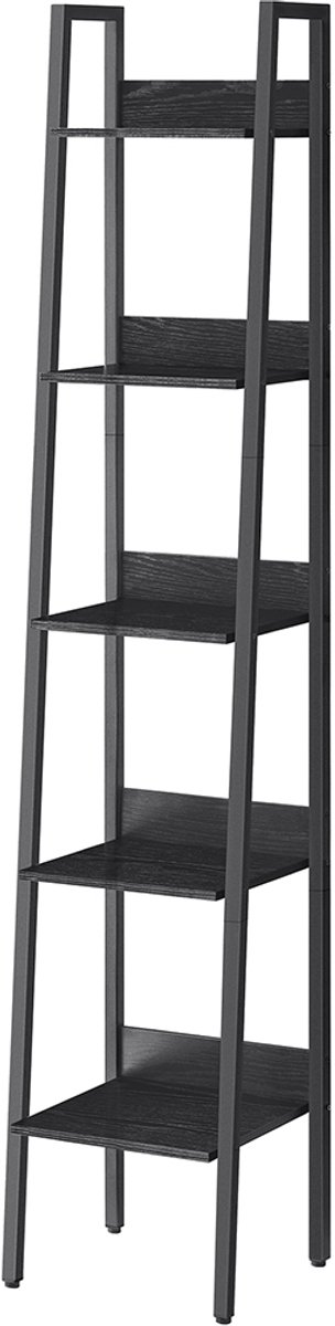 Opbergrek Ladderboekenkast Displayrek 33,8 x 30 x 170 cm Zwart met 5 open legplanken, achterpaneel en verstelbare poten Smal ontwerp bespaart ruimte Max. statische belasting per plank 10 kg Geschikt voor woonkamer, slaapkamer en thuiskantoor