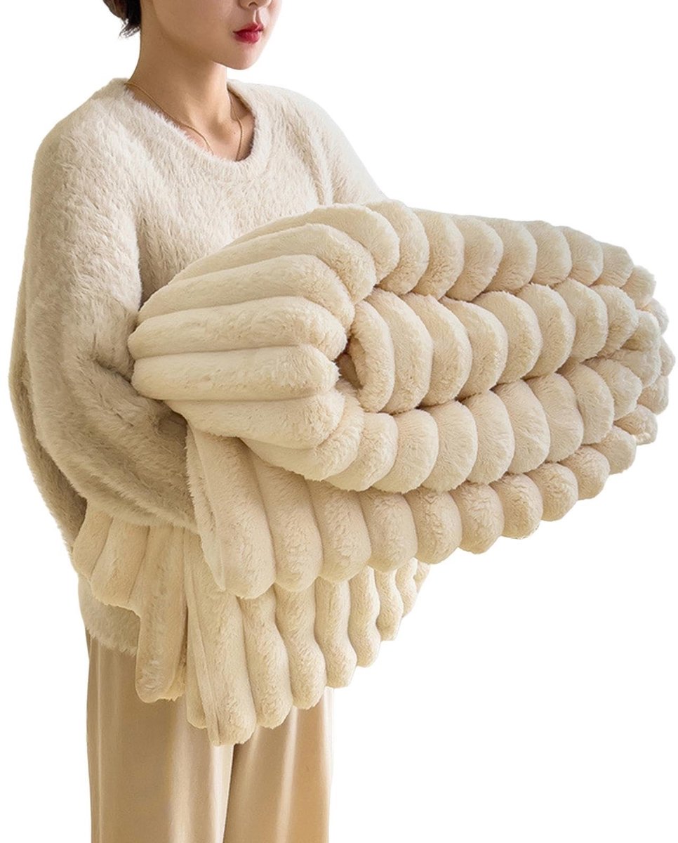 Faux Rabbit Pluche Dekentje - Warm en Cozy - Wit - Large