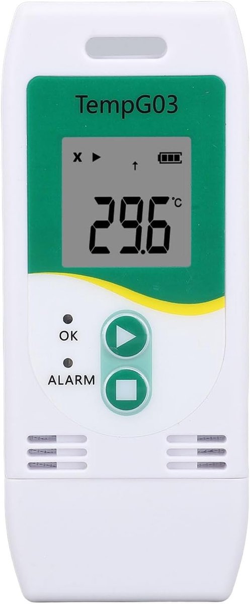 Digitale Temperatuur- en Vochtigheidlogger met USB, Tot 32.000 Gegevenspunten, -30°C tot 60°C, 5% tot 95% RH, PDF en CSV Rapportage, Thermometer met Alarmfunctie