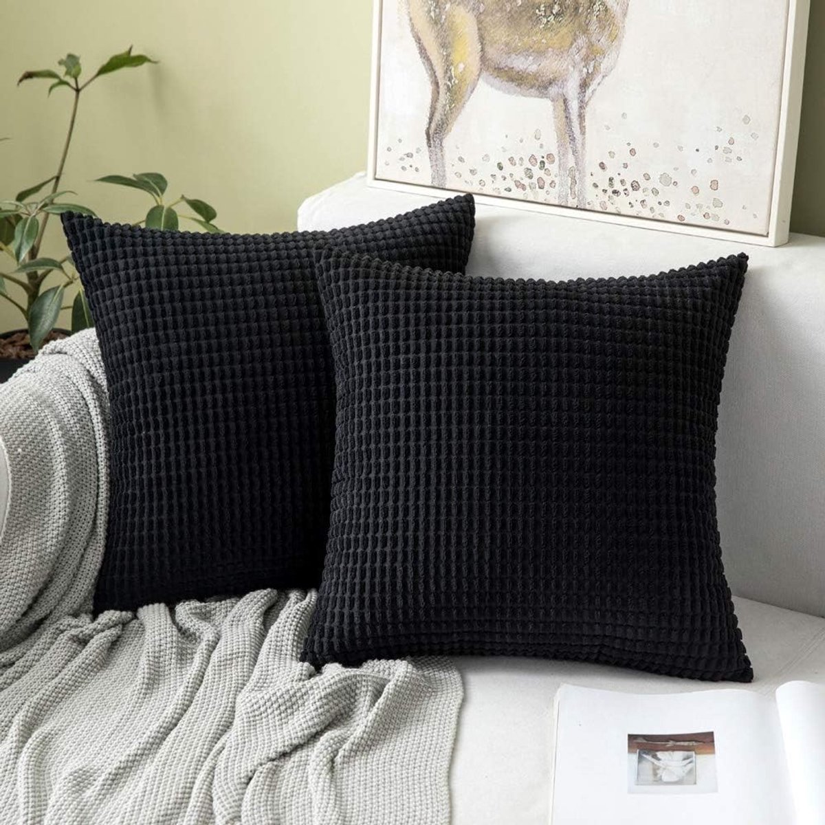 Set van 2 Zachte Corduroy Decoratieve Vierkante Kussenhoezen voor Bank en Slaapkamer 40 x 40 cm - Granule Zwart Kussenslopen voor Thuisdecoratie