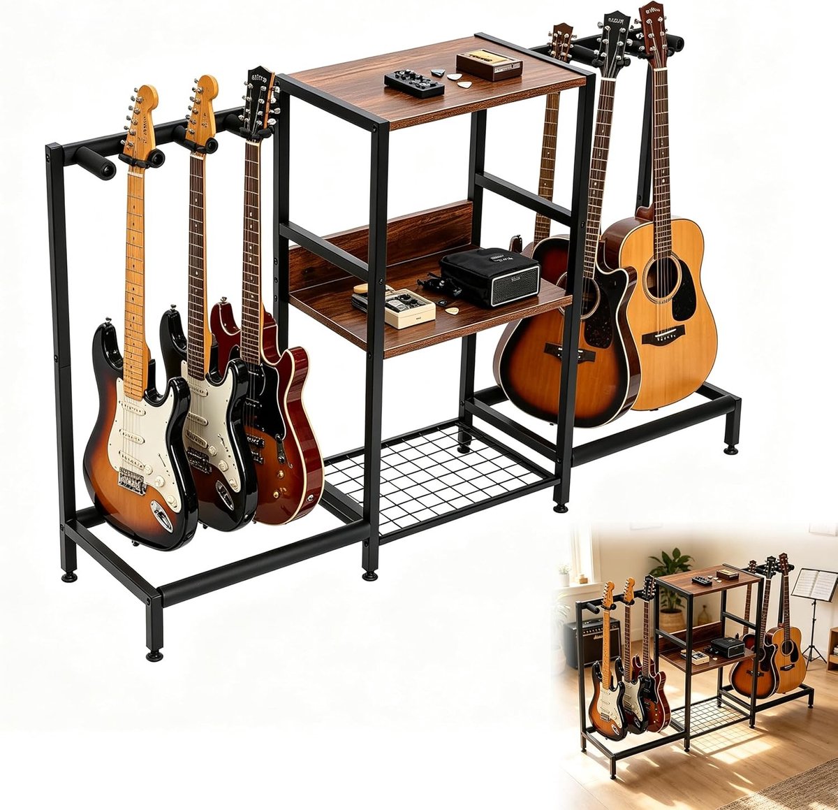 Guitar Stand en Turntable Stand met 3 Laags Houten Plank, Ideaal voor Meerdere Gitaren en Vinyl Platen, Perfect voor Muziekliefhebbers en Thuisgebruik